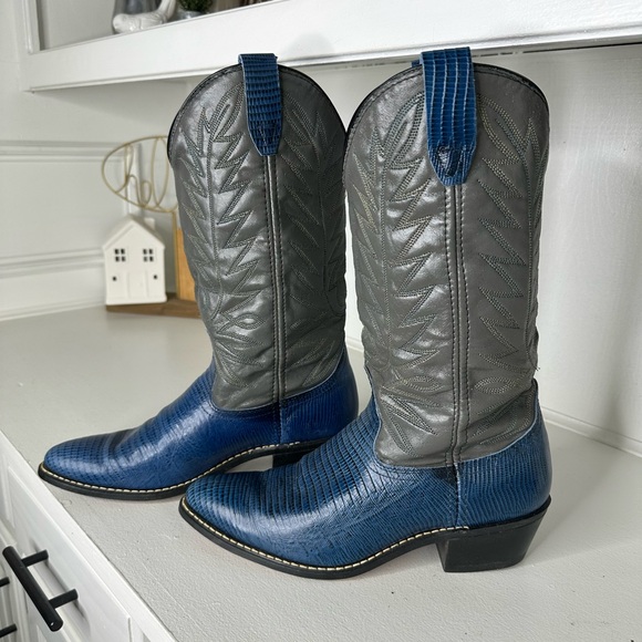 Vintage Acme Western Cowboy Boots – Blue Lizard Print Vamp & Gray Shaft Size 10 - Picture 1 of 10